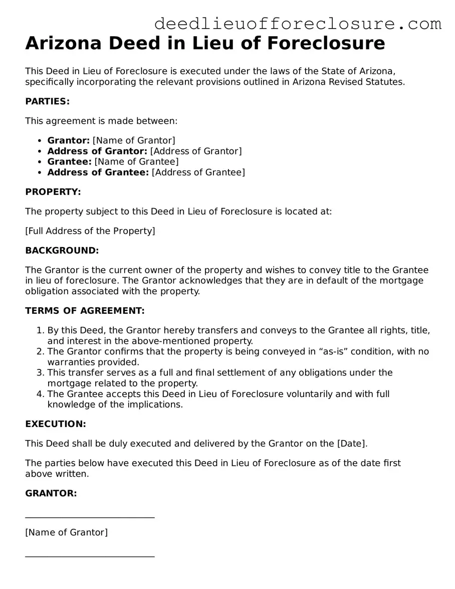 Valid Deed in Lieu of Foreclosure Form for Arizona State
