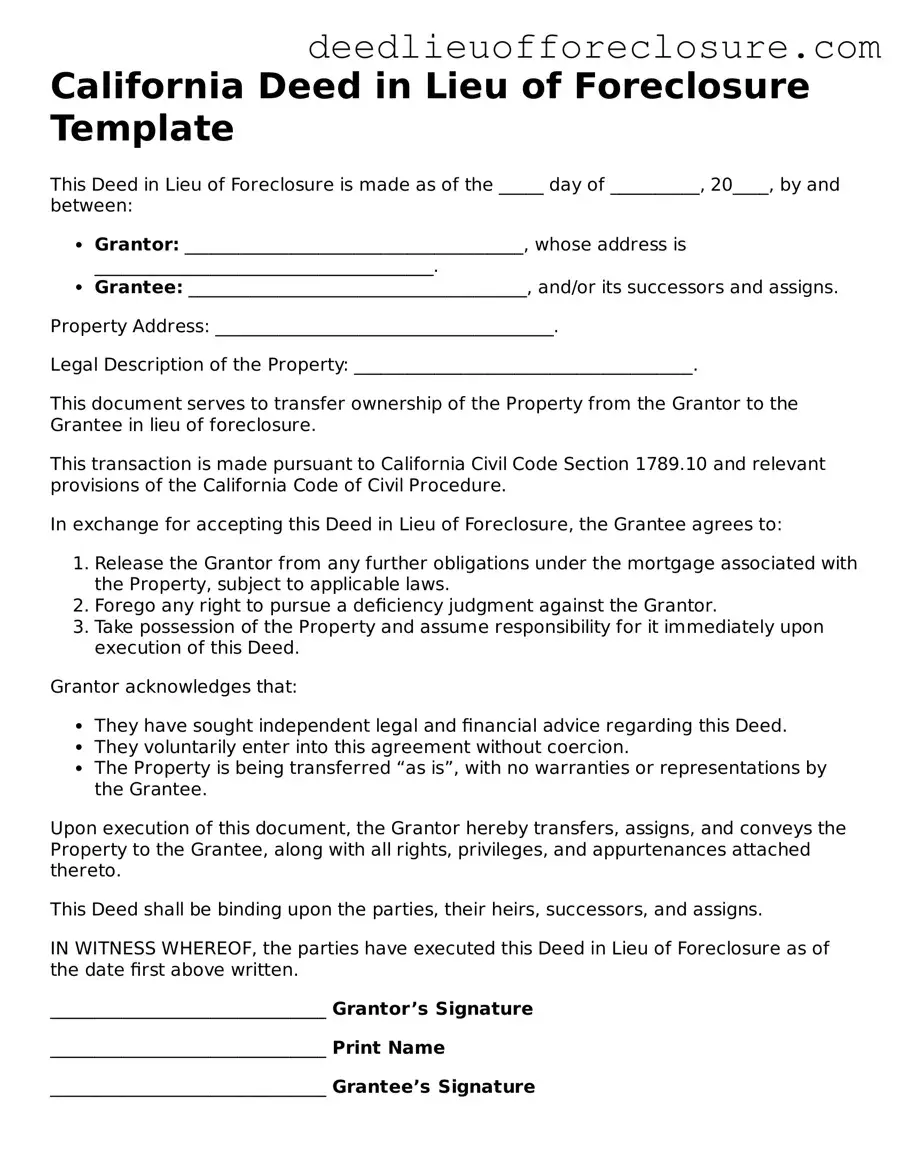 Valid Deed in Lieu of Foreclosure Form for California State