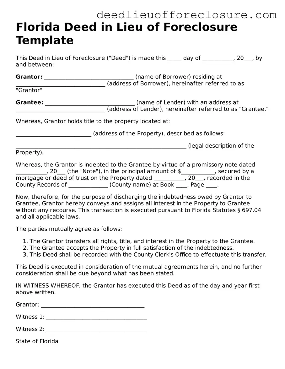 Valid Deed in Lieu of Foreclosure Form for Florida State