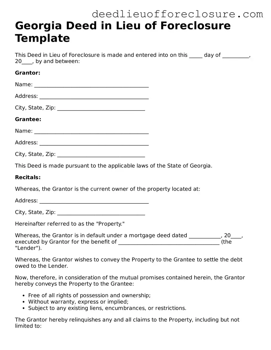 Valid Deed in Lieu of Foreclosure Form for Georgia State