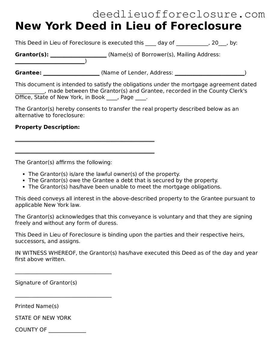 Valid Deed in Lieu of Foreclosure Form for New York State