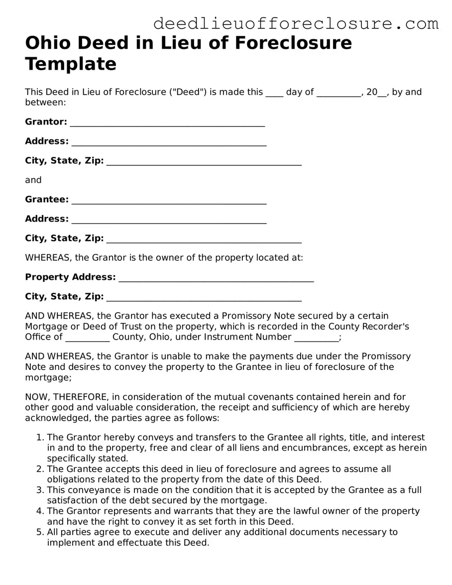 Valid Deed in Lieu of Foreclosure Form for Ohio State