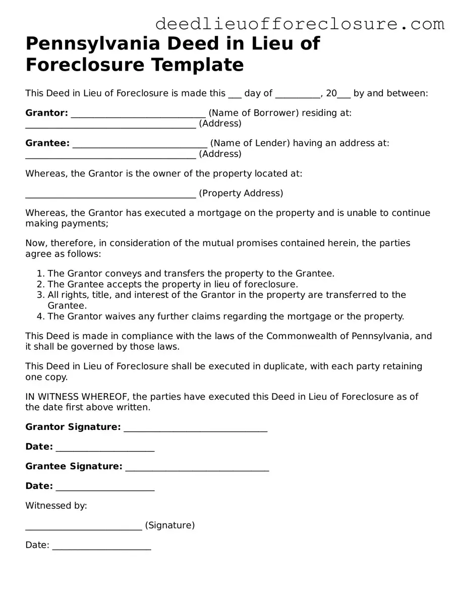 Valid Deed in Lieu of Foreclosure Form for Pennsylvania State