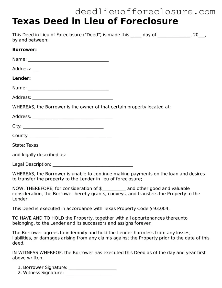 Valid Deed in Lieu of Foreclosure Form for Texas State